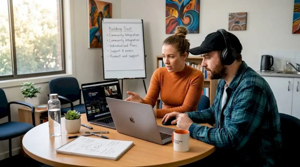NDIS brand video team reviewing footage
