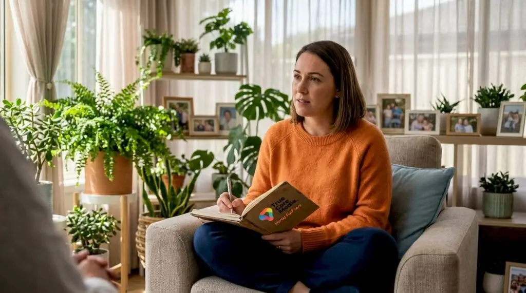 Home care worker taking notes in client’s home