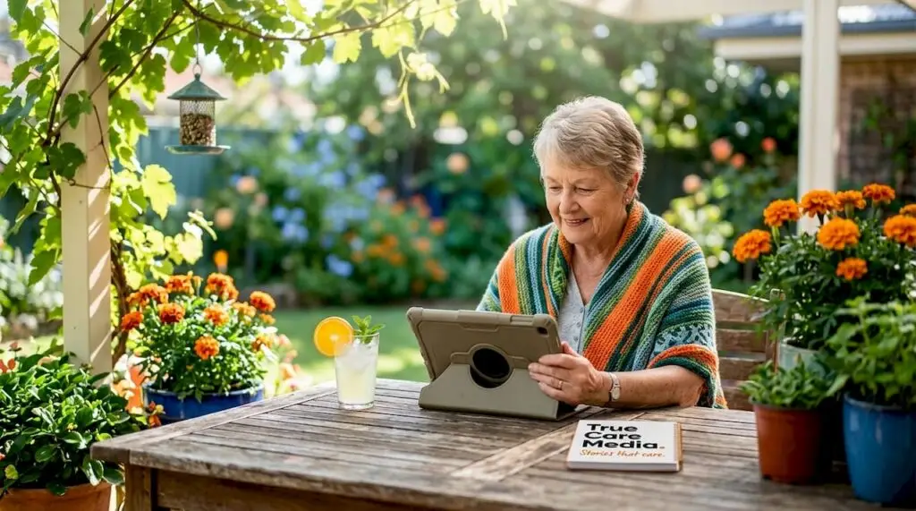 Elderly woman watching video in care home