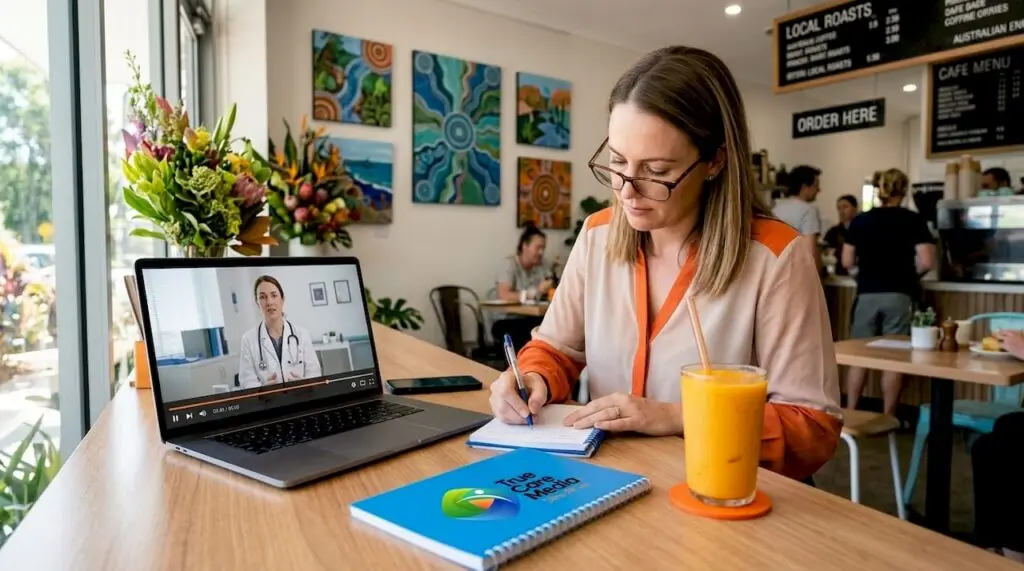 Clinic manager reviews video on meeting room laptop