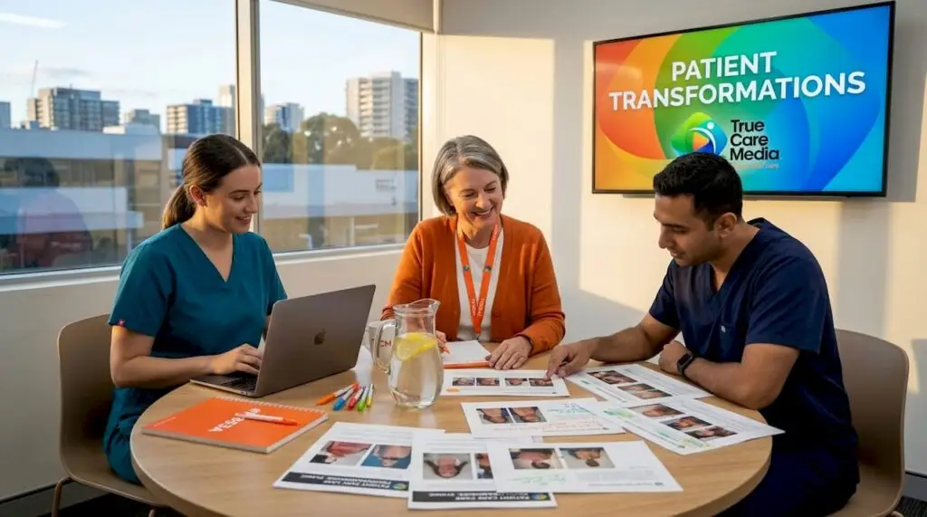 Clinic staff discussing before-after patient stories