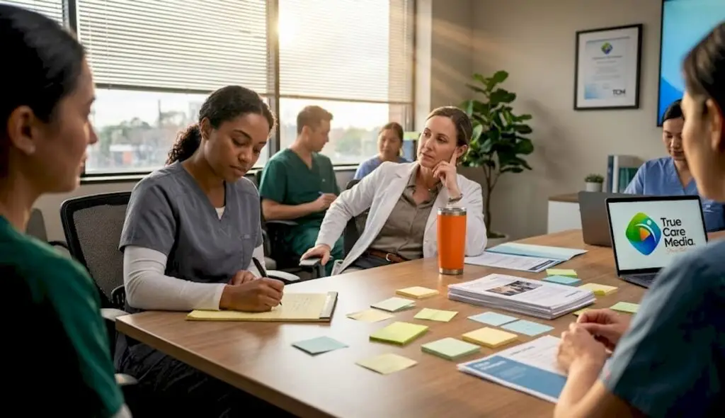 Hospital team discusses video project in meeting