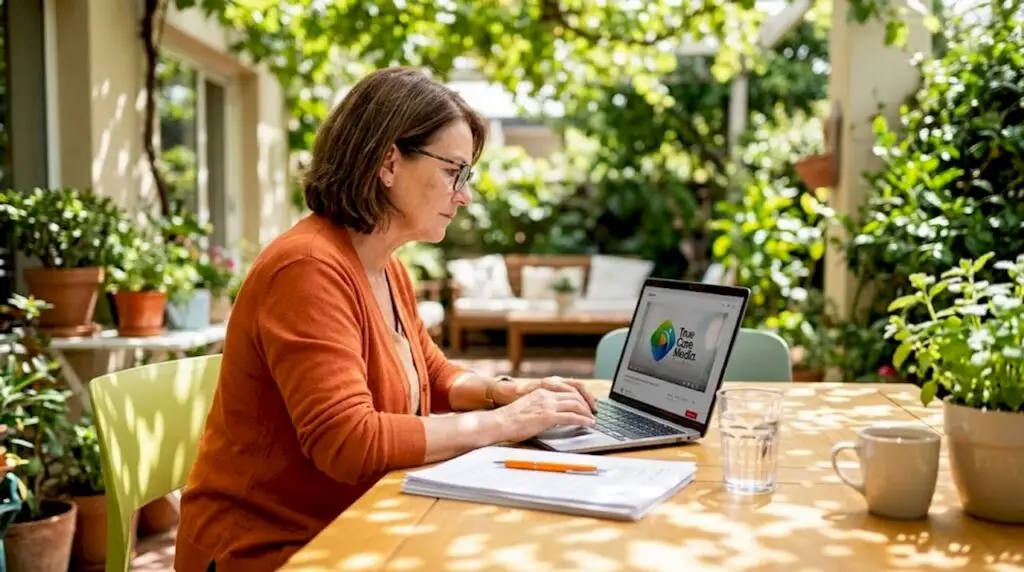 Aged care manager watching video call in meeting room