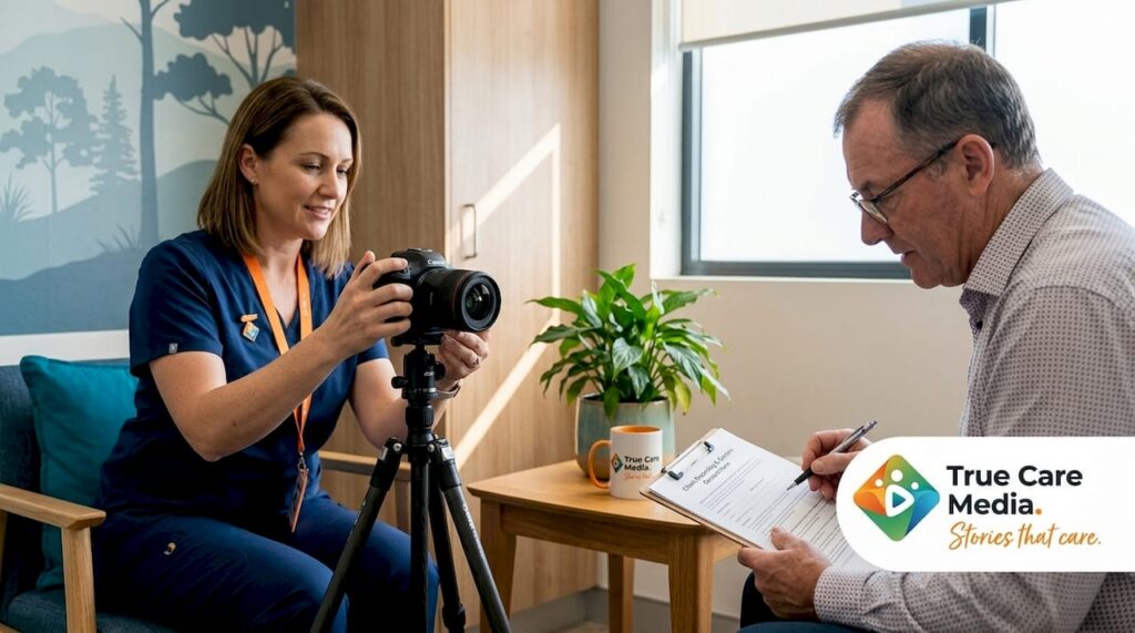 Healthcare provider and patient preparing video testimonial