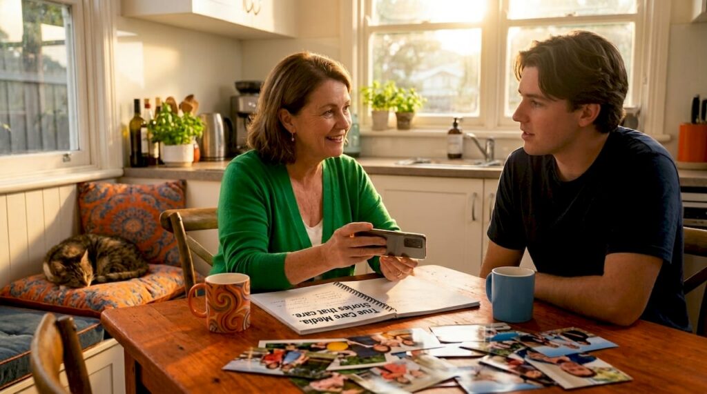 Family members recording decision video at dining table