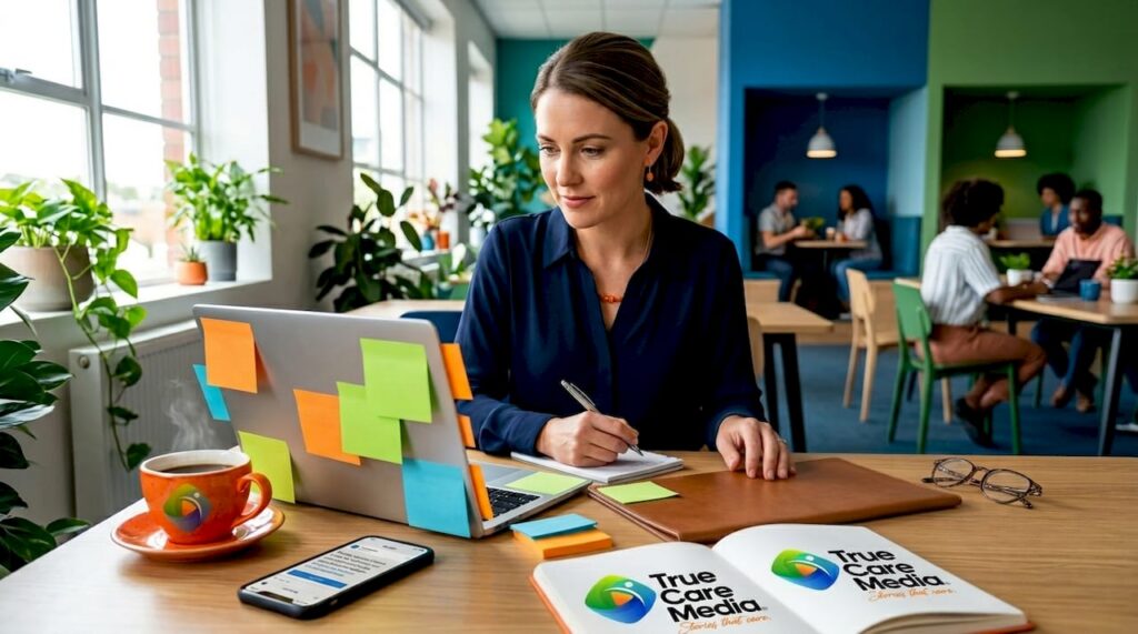 Healthcare marketer reviewing patient stories at home desk