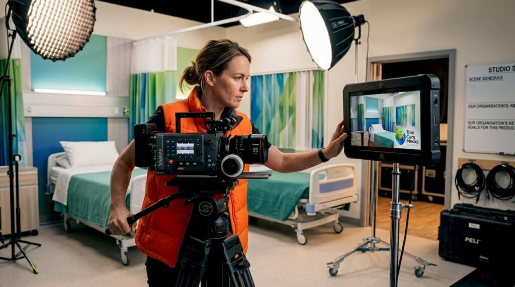 Director filming healthcare video in studio set