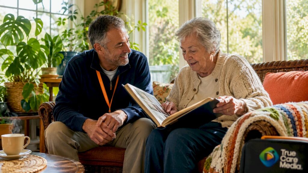 Caregiver and elderly woman sharing personal memories