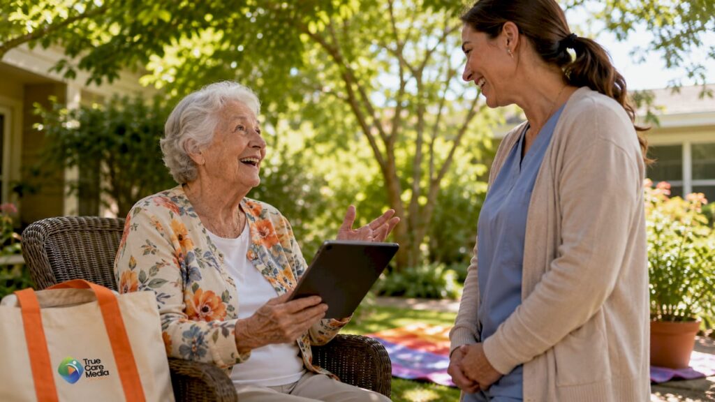 Senior resident sharing story on tablet