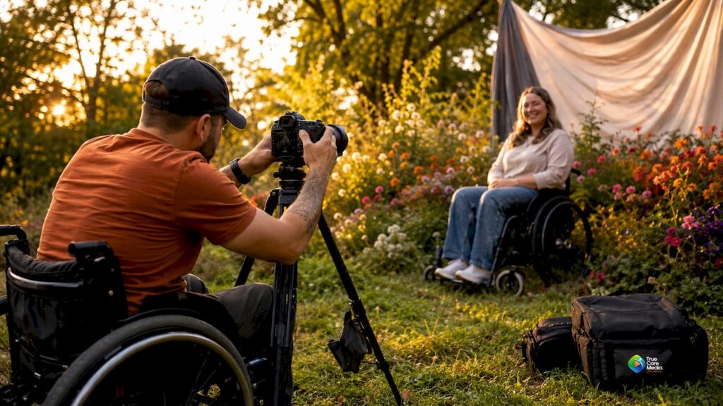 Photographer taking portrait of disabled wheelchair user