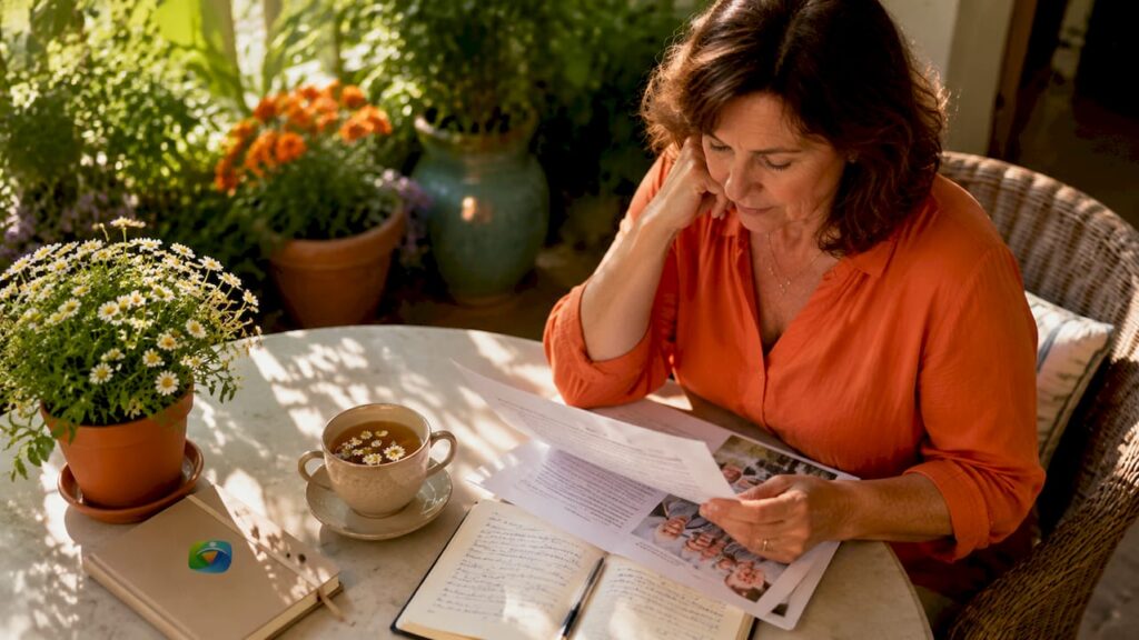 Woman reading family testimonials at kitchen table