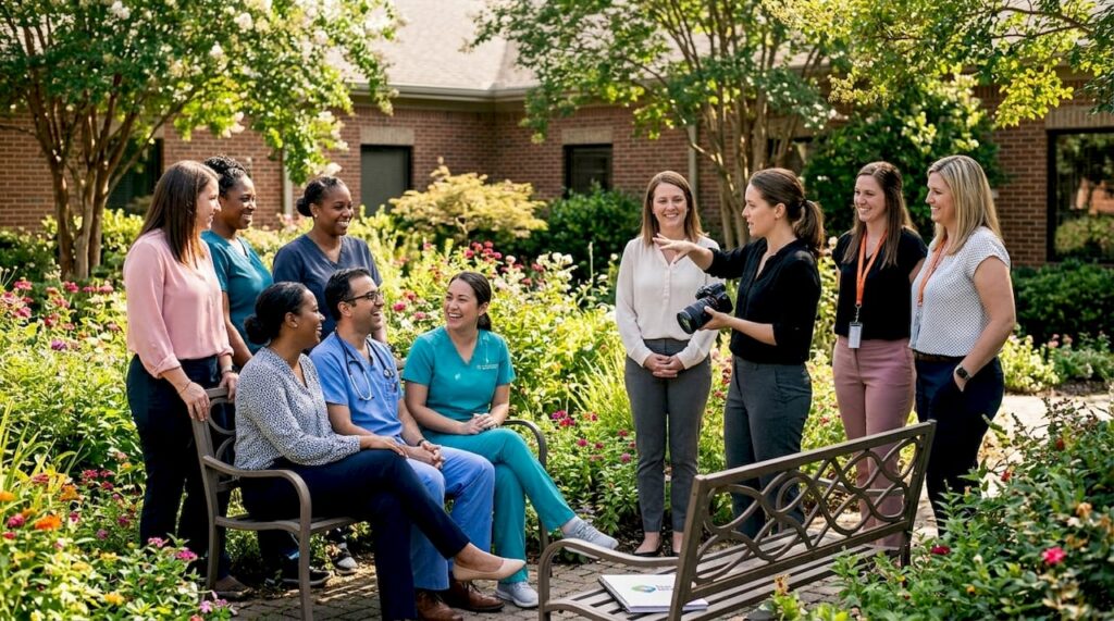 Clinic staff posing for team photo in reception area