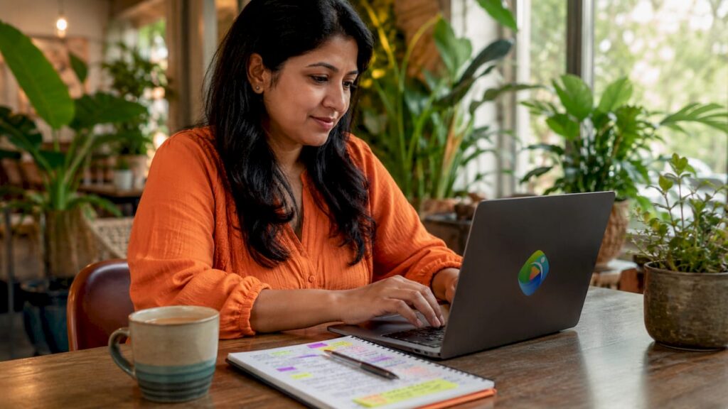 Health content strategist working at home desk