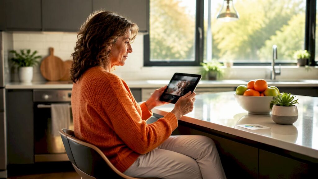 Woman watching treatment video at home