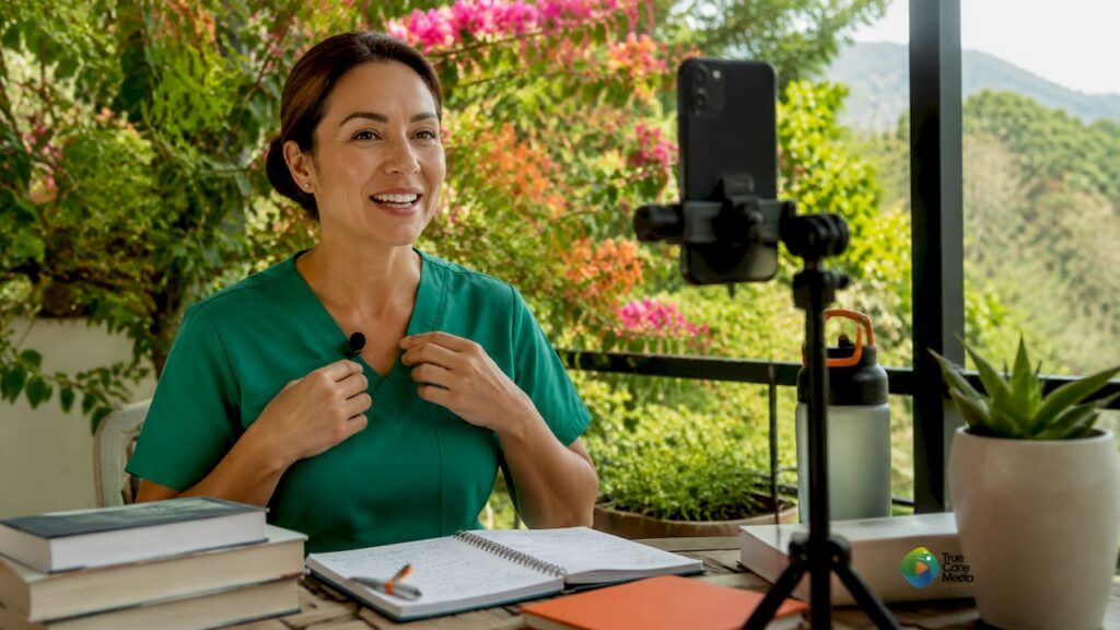Healthcare professional filming referral video content