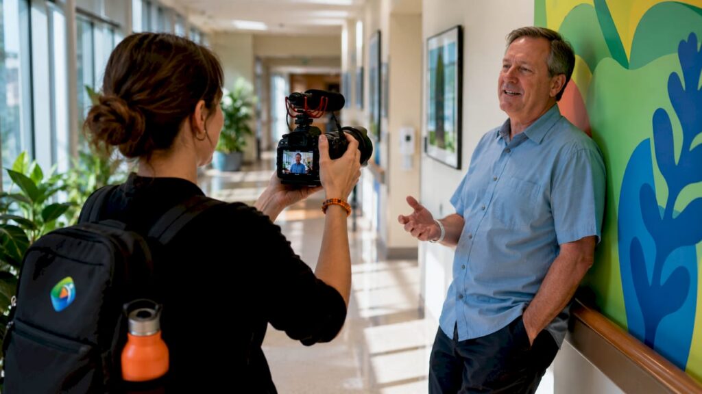 Videographer filming patient testimonial in hospital