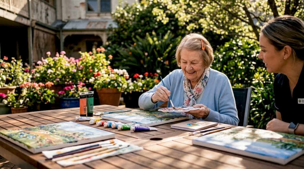 Elderly woman painting during lifestyle activity