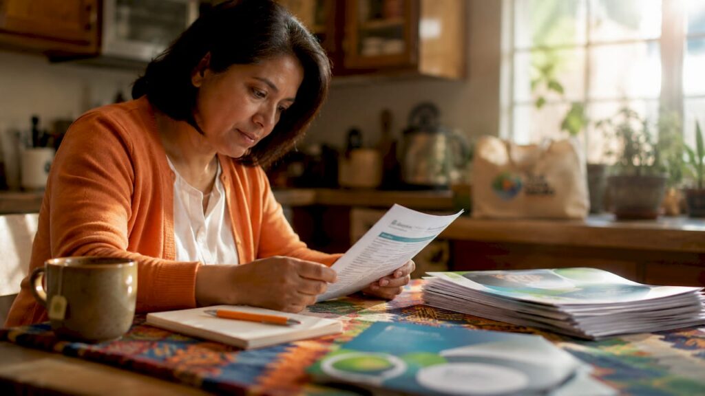 Caregiver reviewing printed caregiving resources at home