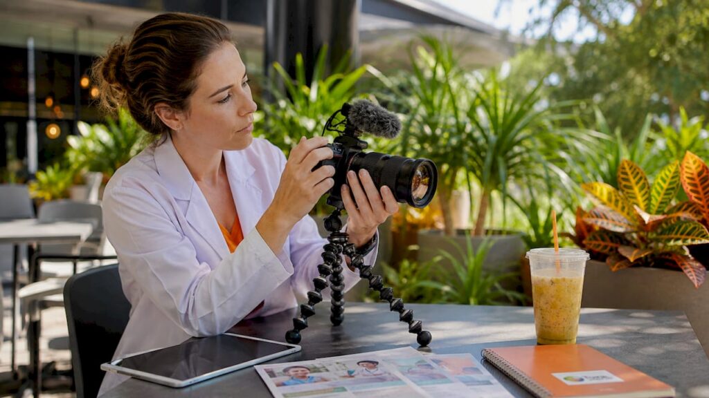 Healthcare professional preparing cinematic video filming