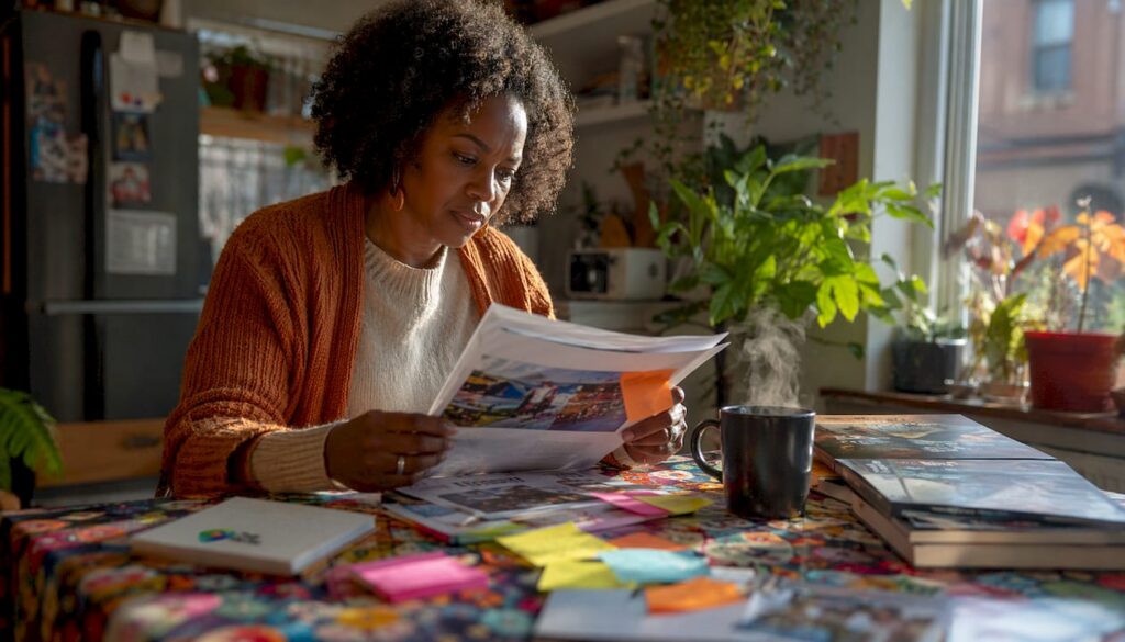 Woman reviewing authentic community stories at home