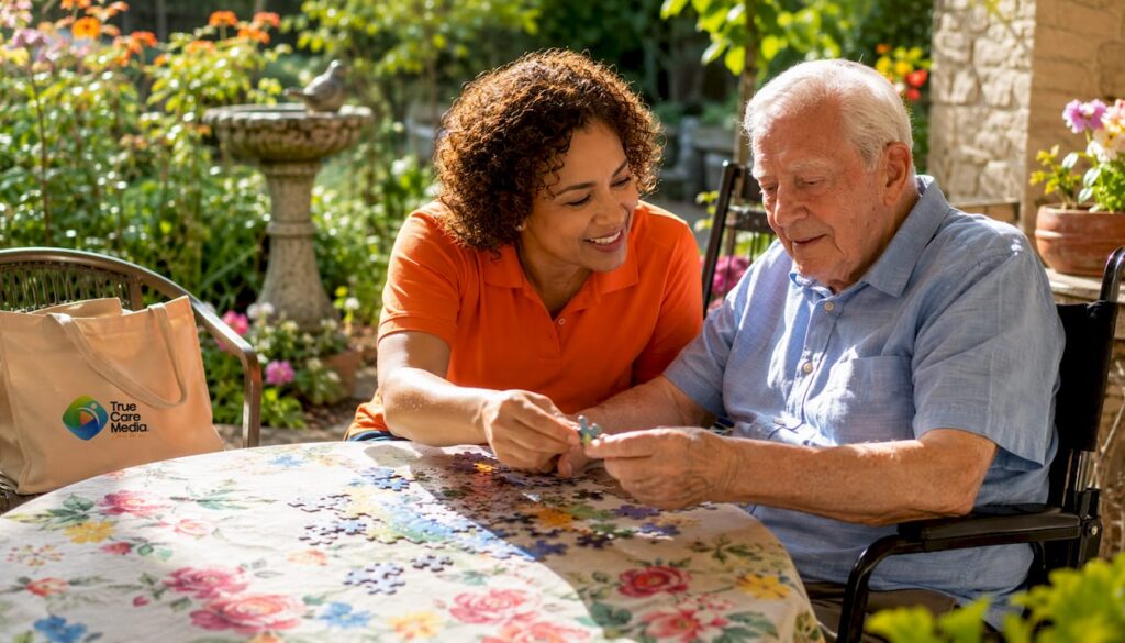 Caregiver and resident interacting warmly
