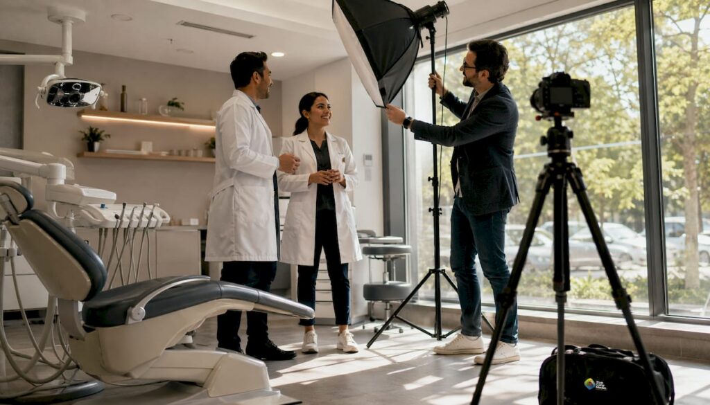 Professional photographer setting up clinic photoshoot