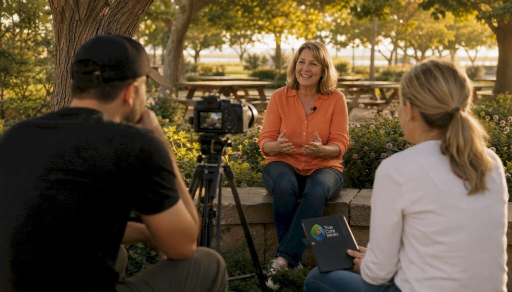 Participant giving testimonial during video recording