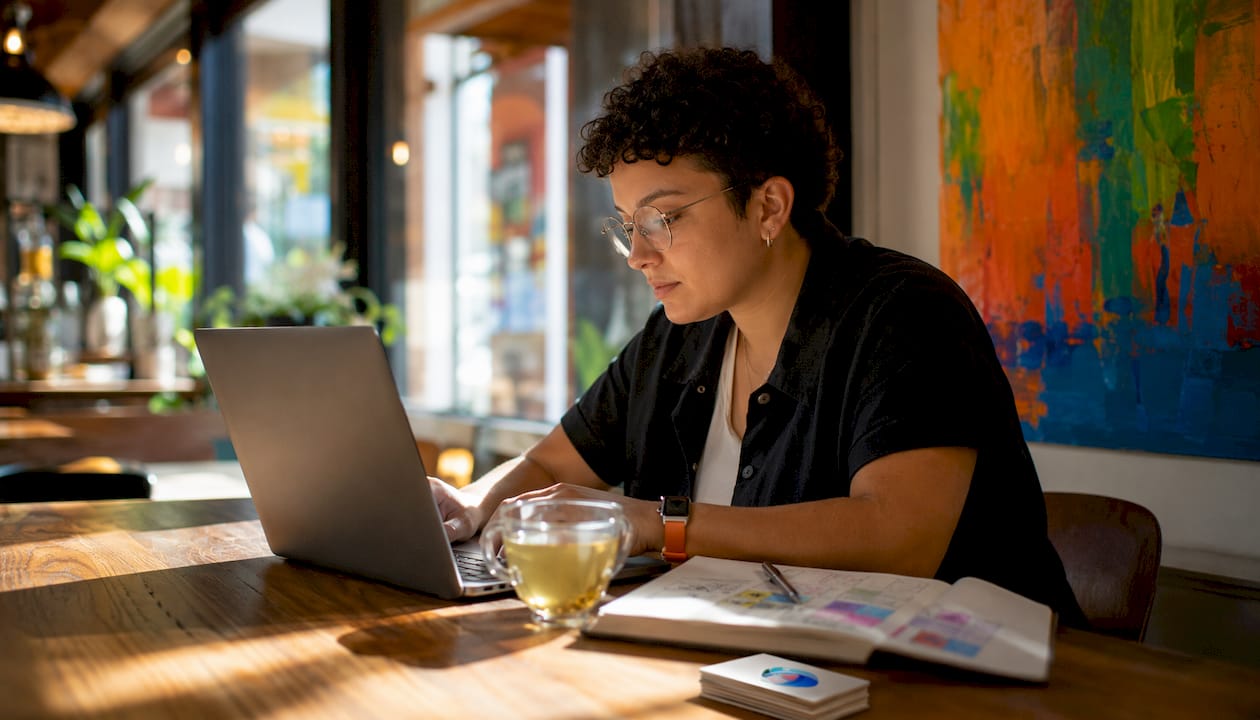 Marketing specialist checking video data on laptop