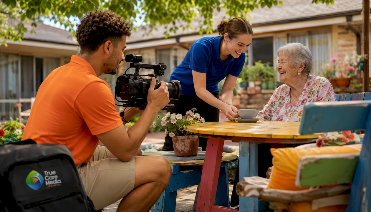 Videographer filming staff and resident interaction