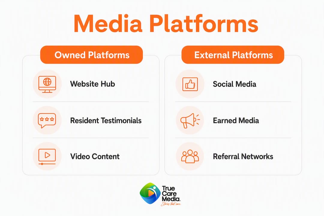 Infographic comparing media platforms for aged care trust building
