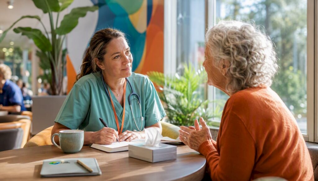 Healthcare worker listening to palliative care patient
