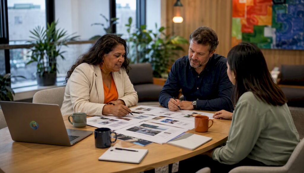 Healthcare marketing team reviewing storyboards in meeting room