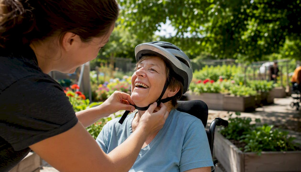 Hands tying shoelaces outdoors in wheelchair support