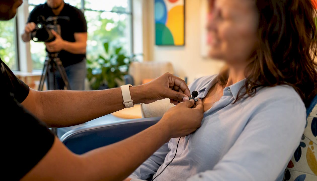 Hands adjusting microphone on participant during video shoot
