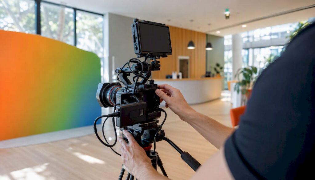 Hands adjusting professional camera in healthcare office