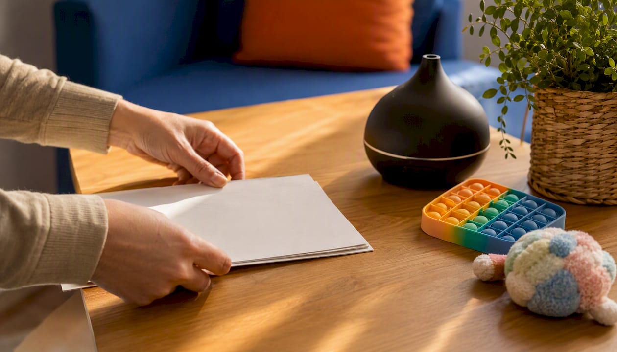 Hands placing safety checklist and calming items