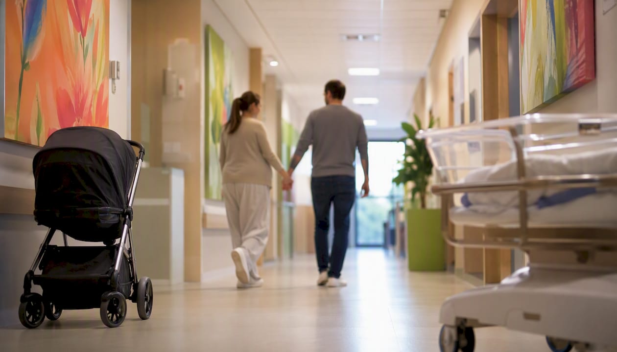 Maternity ward corridor with expectant parents