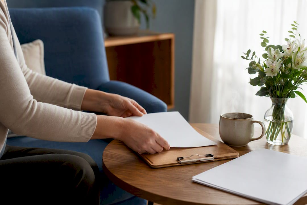 Hands organizing blank consent forms on table