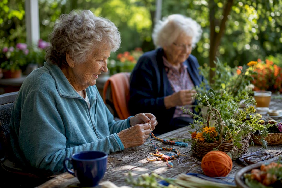 Hands crafting beads in memory care activity room