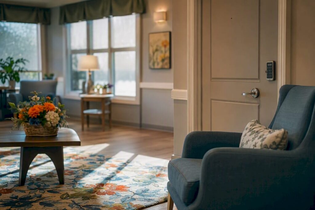 Secure locked door in memory care facility