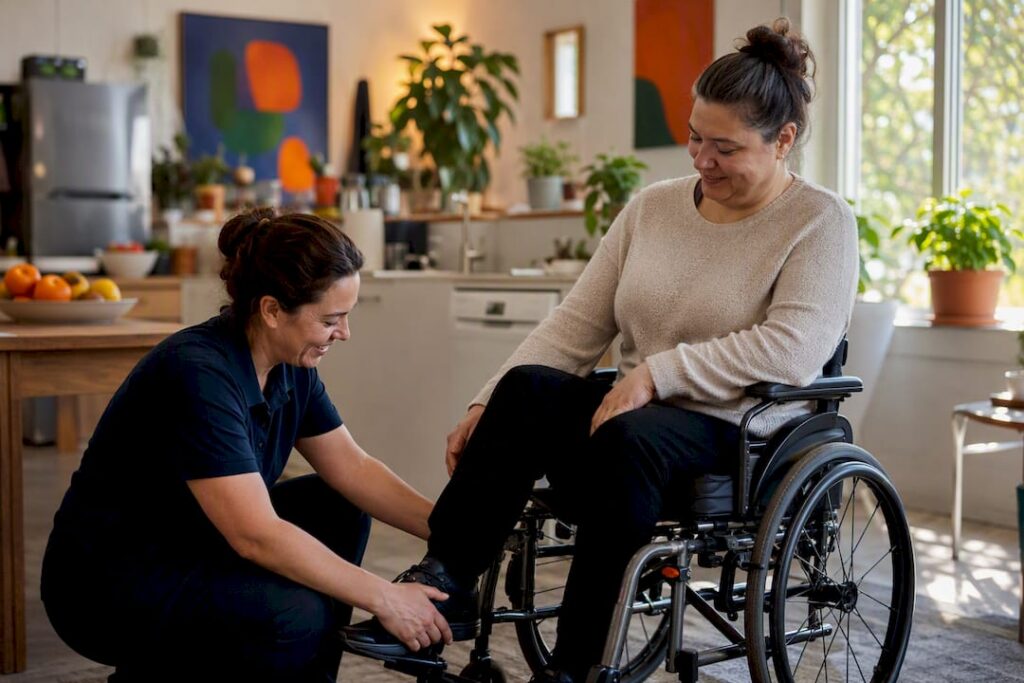 NDIS support worker assisting wheelchair user at home