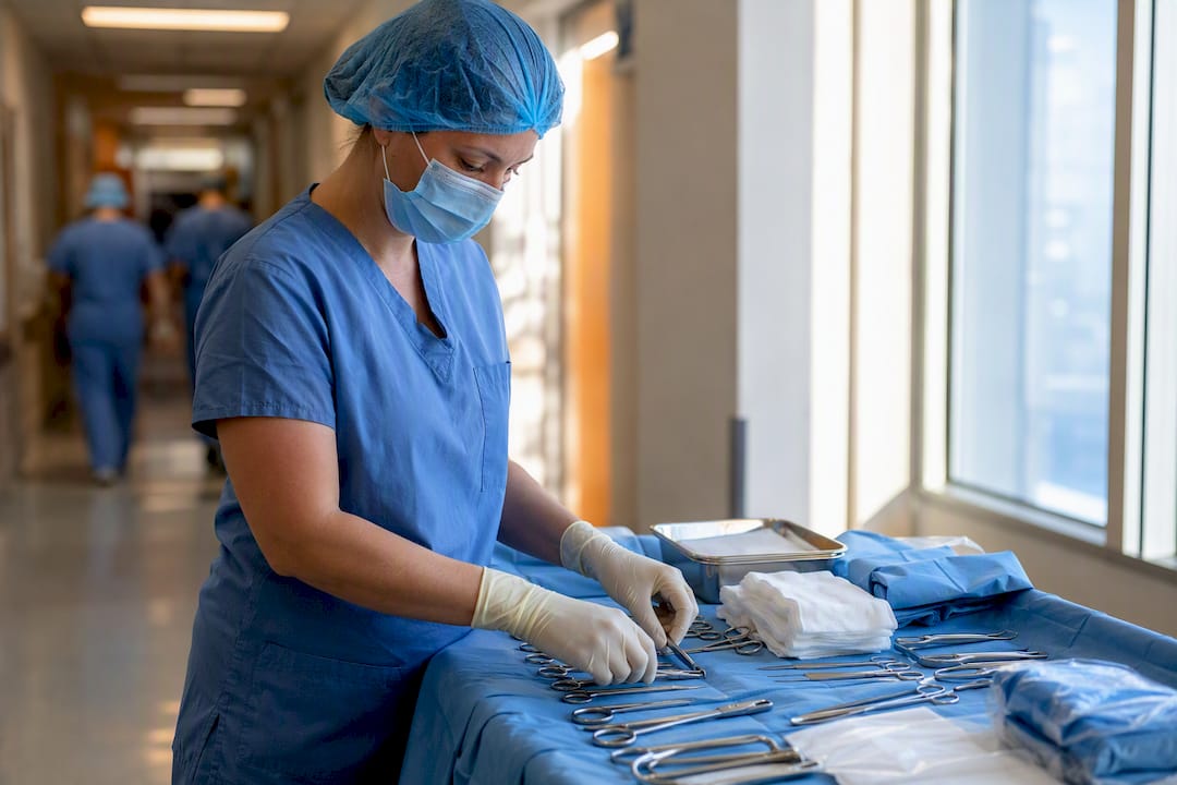 Hands preparing surgical instruments in corridor
