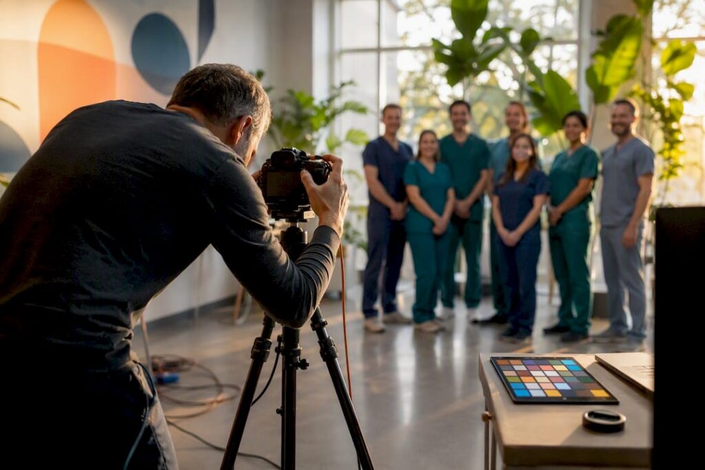 Photographer setting up surgical team portrait shoot