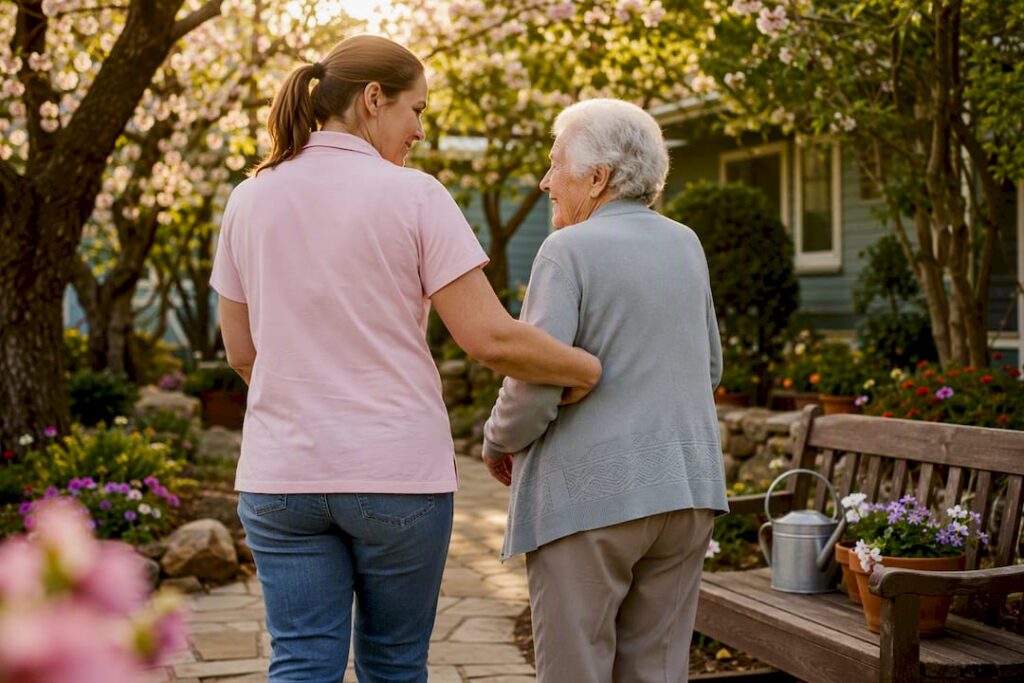 Carer assisting elderly woman in garden