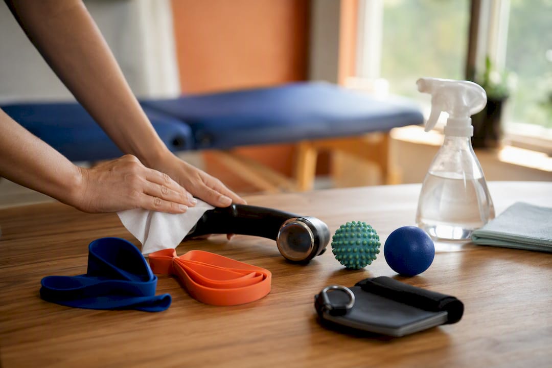 Hands preparing clinic tools on table