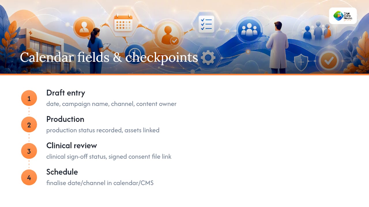 Healthcare content calendar fields and sign-off